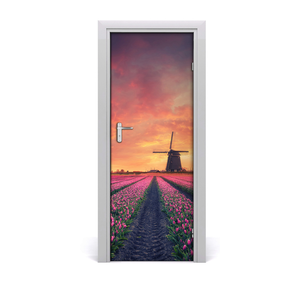 Fototapeta samolepiace na dvere Pole tulipánov veterný mlyn