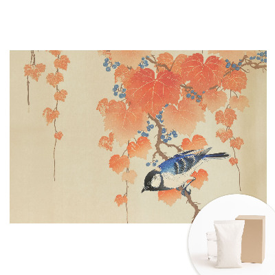 Netkaná tapeta s potlačou Vták na vetve viniča s bobuľami