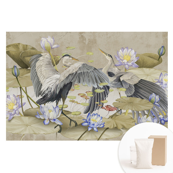 Netkaná tapeta s potlačou Žeriavy okolo leknín v klasickom štýle