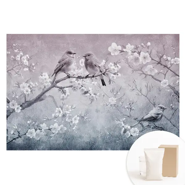 Netkaná tapeta s potlačou vtáky na kvetinových konároch