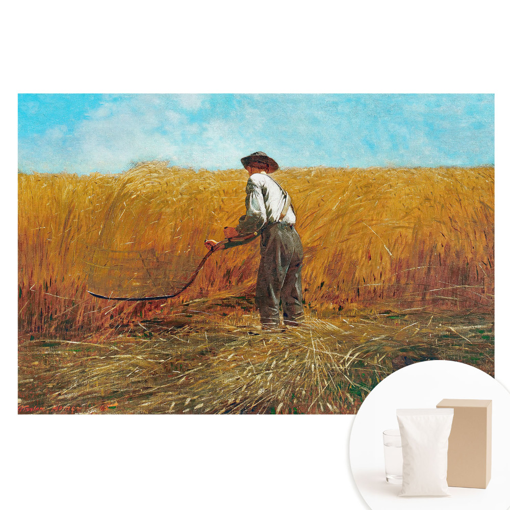 Fototapeta na vliese Farmár na pšeničnom poli pod modrou oblohou