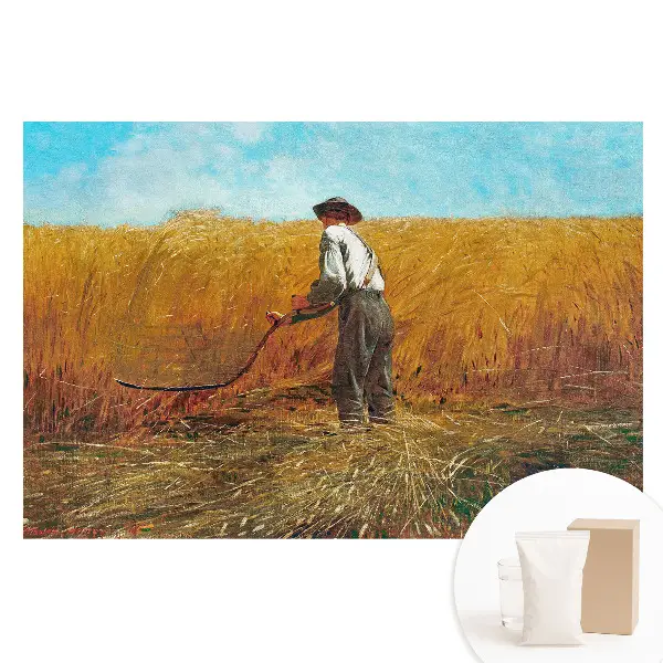 Fototapeta na vliese Farmár na pšeničnom poli pod modrou oblohou