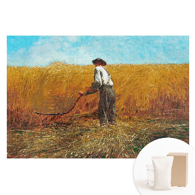 Fototapeta na vliese Farmár na pšeničnom poli pod modrou oblohou