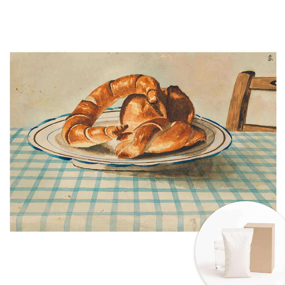 Fototapeta s potlačou na netkanej textílii Croissanty na tanieri pri kockovanom stole