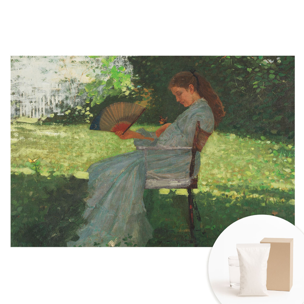 Netkaná tapeta s potlačou Žena s ventilátorom v záhrade cíti harmóniu