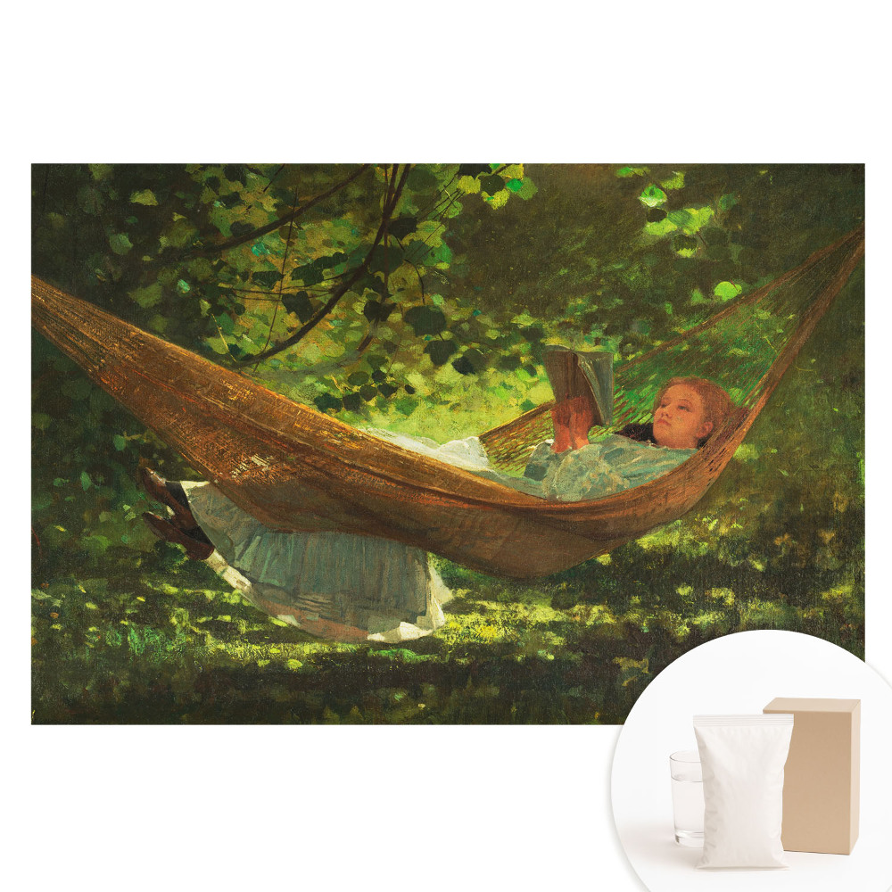 Netkaná tapeta s potlačou Dievča v hojdacej sieti pod stromami