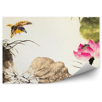 Fototapeta Ružový Lotosový Kvet Žltý Vták Sivé Listy Obrázok