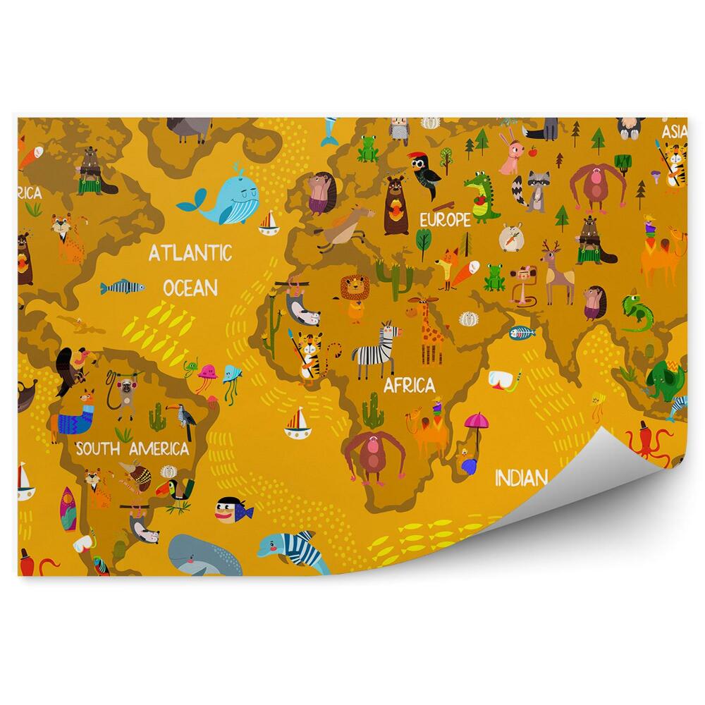 Fototapeta na stenu Hnedá mapa sveta pre deti názvy zvierat