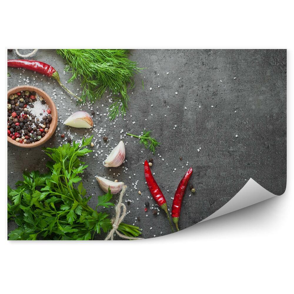 Fototapeta na stenu Čerstvé bylinky korenie soľ cesnak