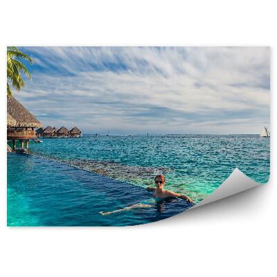 Fototapeta Exotické Domy Palmy Oceán Žena Jachta Mraky Obloha