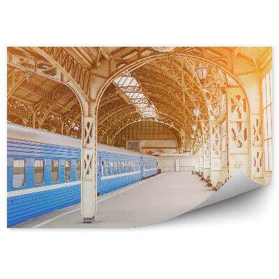 Fototapeta na stenu Retro železniška postaja potniški vlak modre barve