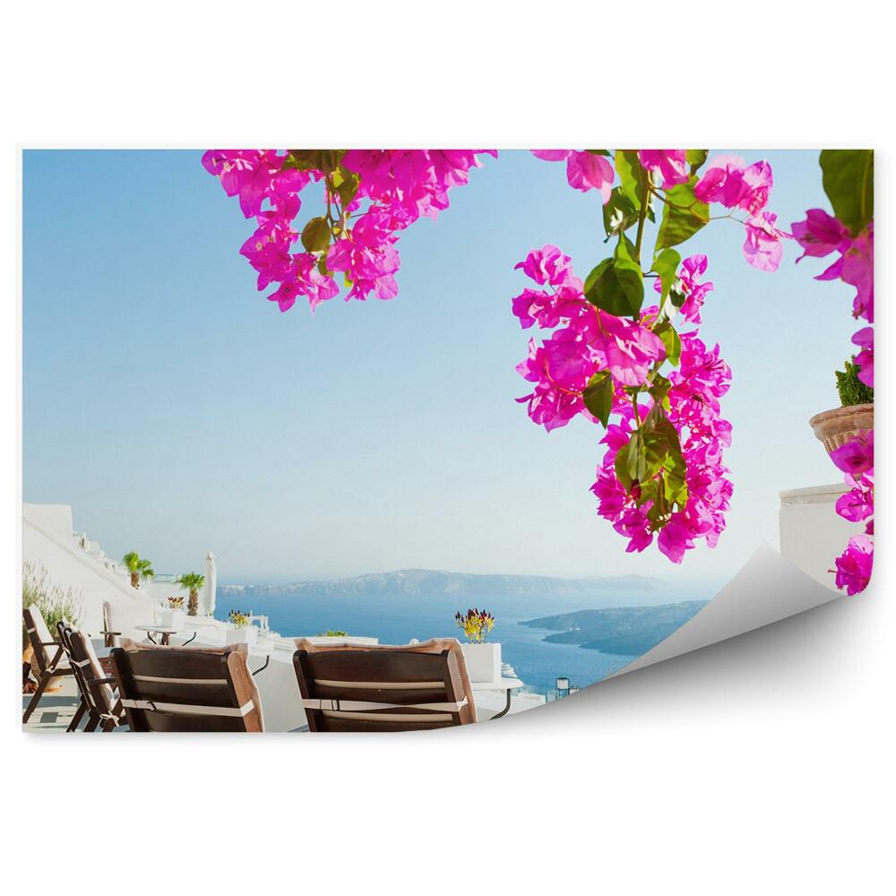 Fototapeta Krásna Terasa Kvety Pohľad Na Ostrov Santorini