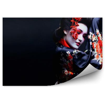 Fototapeta Kimono Gejša Kvety Mladá Žena Tmavé Pozadie