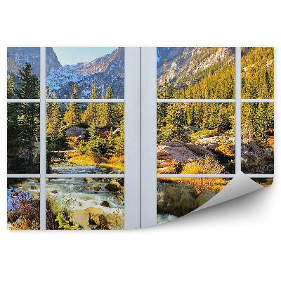 Fototapeta Hory les vianočné stromčeky zelený potok pohľad z okna