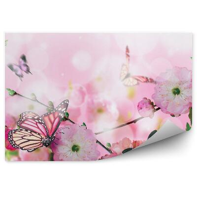 Fototapeta Ružové Kvety Farebné Motýle Biele Body Pozadie