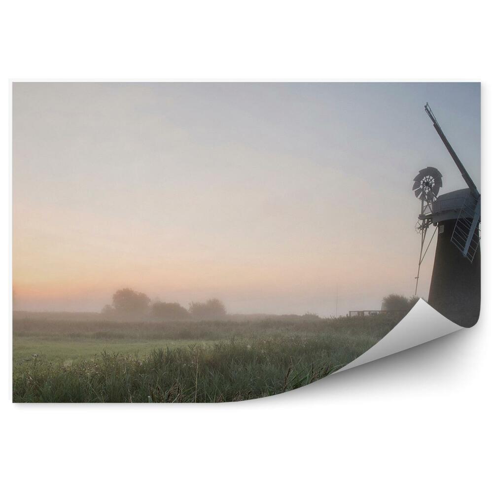 Fototapeta na stenu Veterný mlyn tráva hmla letná krajina obloha