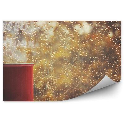 Fototapeta na stenu Čajová šálka drevený stôl sklo kvapky dažďa dymové nápisy