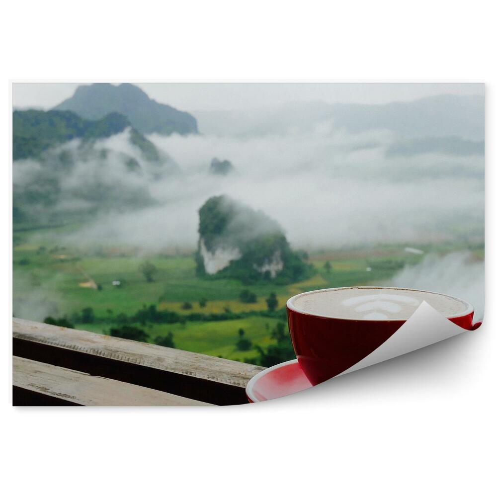 Fototapeta na stenu Horúca Káva Latte Cappuccino Terasa Skaly Zelené Stromy Hmla