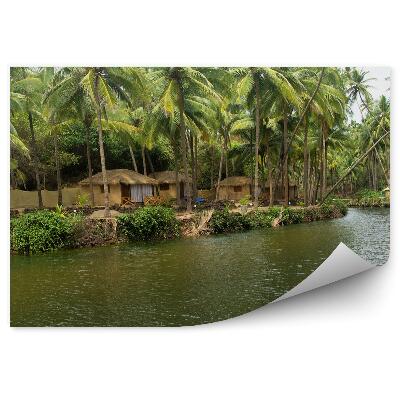 Fototapeta Chaty pozdĺž rieky palmy drevený most