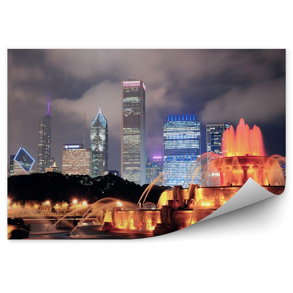 Fototapeta na stenu Farebné fontány stromy mrakodrapy svetlá noc Chicago