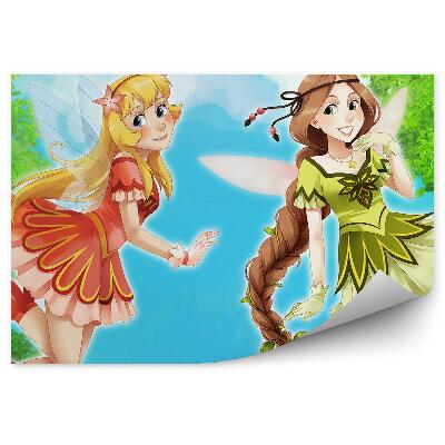 Detská fototapeta Víla elfka kvety stromy obloha mraky ilustrácie