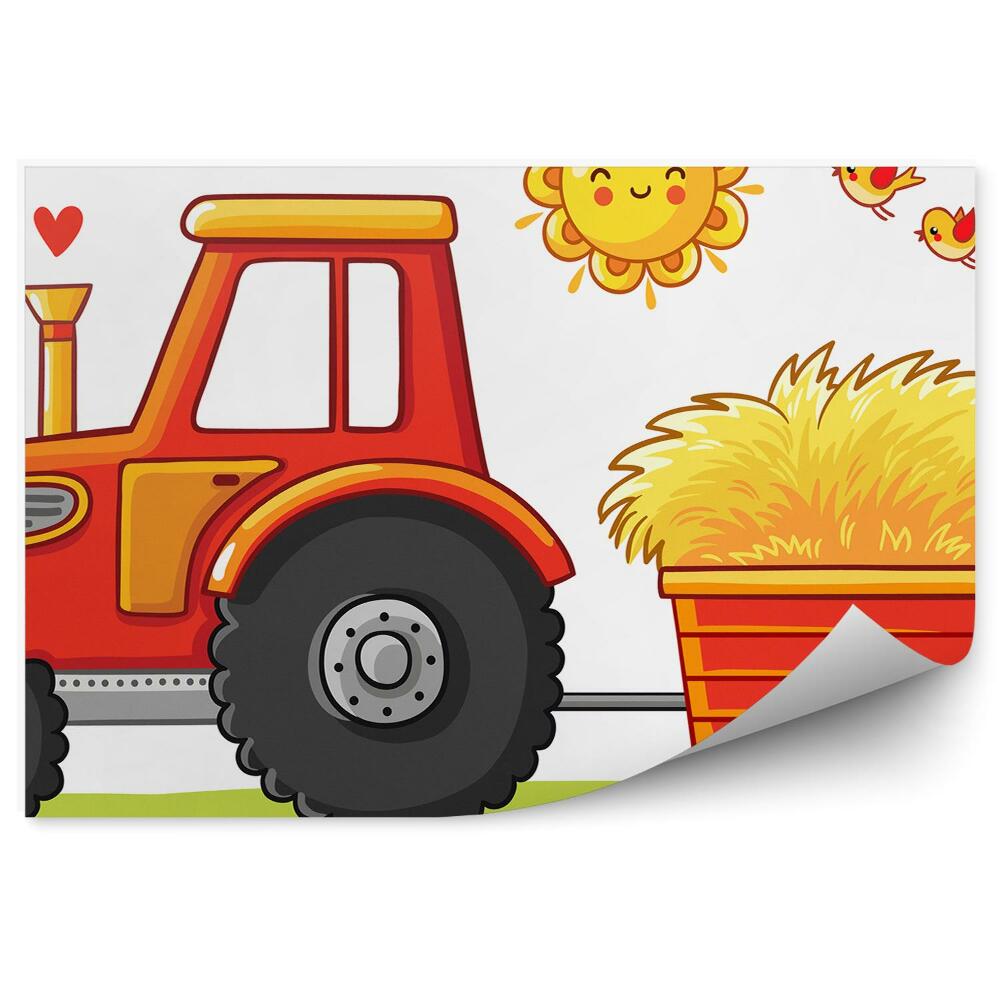 Fototapeta Roztomilý grafický traktor s prívesom slnko vtáky