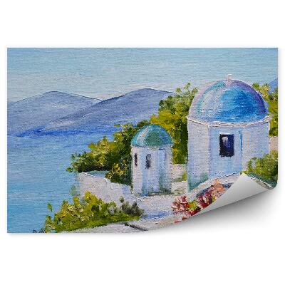 Fototapeta Santorini morské stavby kvety Grécko olejomaľba