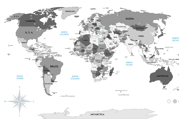 Fototapeta Čiernobiela politická mapa sveta