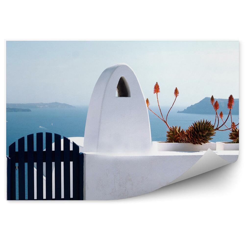 Fototapeta Kvety oceán hory stena bránka Santorini Grécko