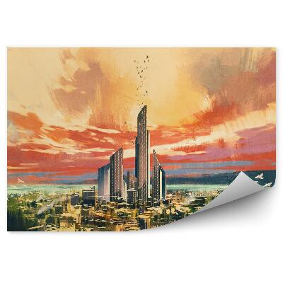 Fototapeta na stenu Mesto sci-fi stromy tráva farebná obloha