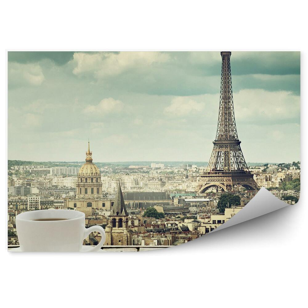 Fototapeta Biela šálka tanier čierna káva Paríž eiffelova veža mesto