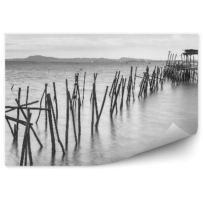 Fototapeta Uničen lesen pomol morje črno-bela fotografija