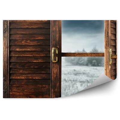Fototapeta Zimná krajina drevený okenný rám