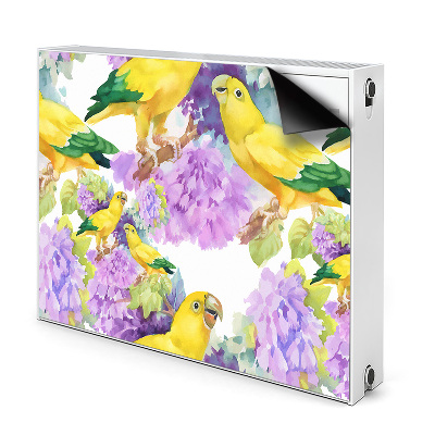 Dekoračný magnetický kryt na radiátor Žlté papagáje a fialové kvety