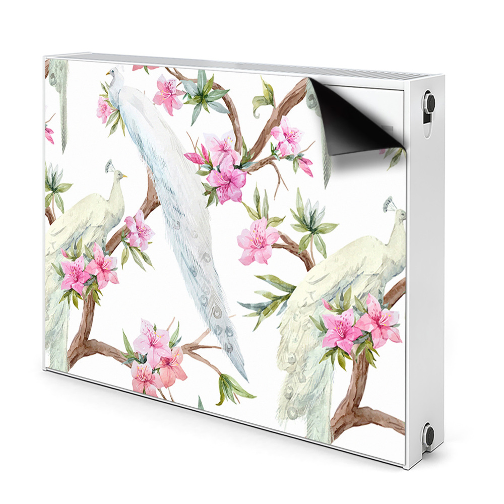 Dekoračný magnetický kryt na radiátor Pávi na vetvách s kvetmi