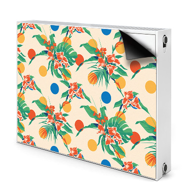 Dekoračný magnetický kryt na radiátor Farebné kvety a bodky na oranžovom podklade