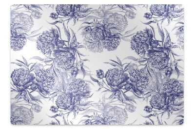 Podložka pod stoličku na kolieskach Modré kvety a listy na bielej,