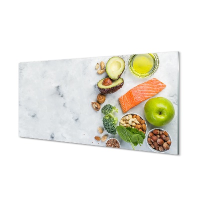 Obraz na skle Zdravé jedlo losos avokádo jablko