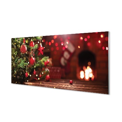 Sklenený obraz Vianočný stromček na pozadí krbu