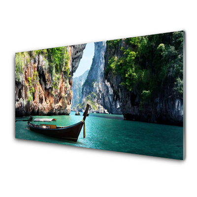 Skleneny obraz Loď Jazero Skaly Krajina