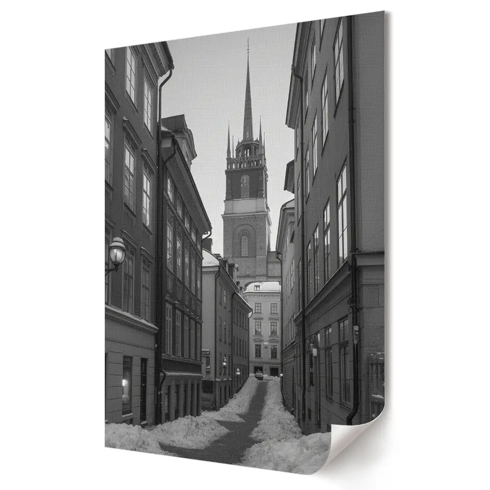 Retro plagát Zimná krajina v monochromatickej ulici