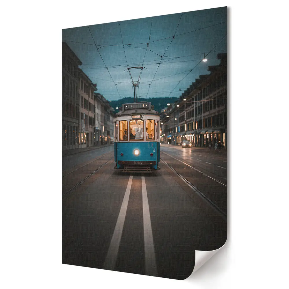 Plagát do obývačky Nočná električka v mestskej krajine