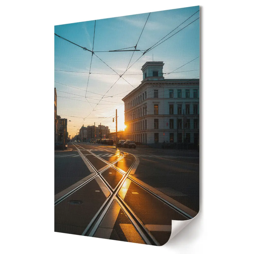 Plagát Západ slnka nad električkovými koľajami