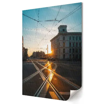 Plagát Západ slnka nad električkovými koľajami