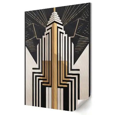 Retro plagát s výškovou budovou v štýle Art Deco v zlatej farbe