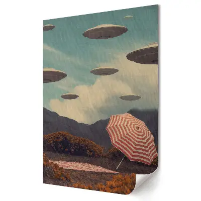 Retro plagát UFO nad pokojnou krajinou s dáždnikom