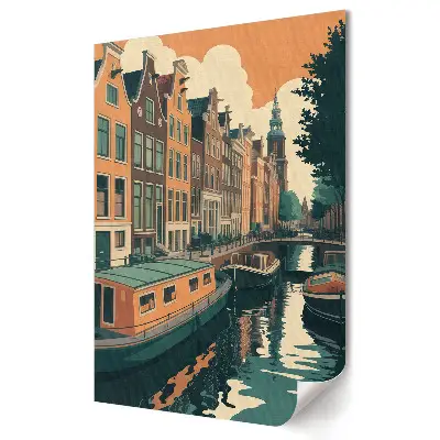 Retro plagát Očarujúce amsterdamské kanály pri západe slnka