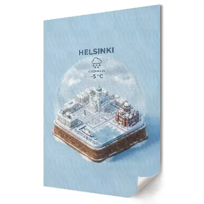 Retro plagát Zimná mágia Helsínk v sklenenej guli