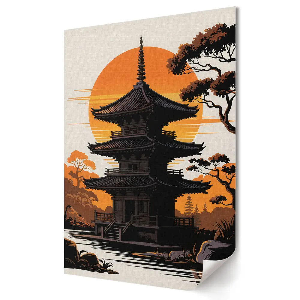 Retro plagát Japonská pagoda v zapadajúcom slnku