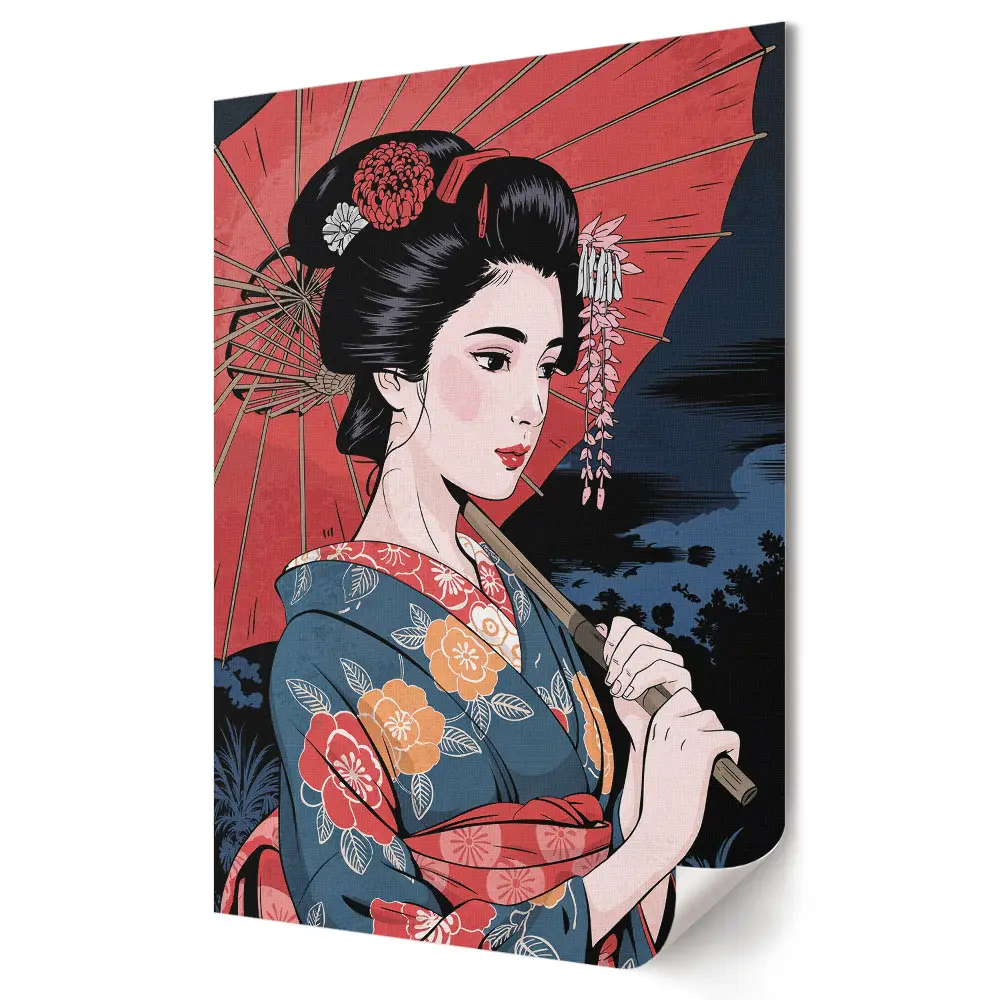 Retro plagát Japonská kráska s dáždnikom v noci